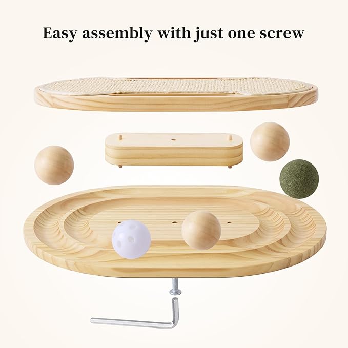 Cat Scratcher with Ball Track Toy, Large Sisal Scratch Pad for Indoor Adult Cats, Wooden Interactive Cat Puzzle Toys for Kitten Mental Stimulation Self Play Home Enrichment