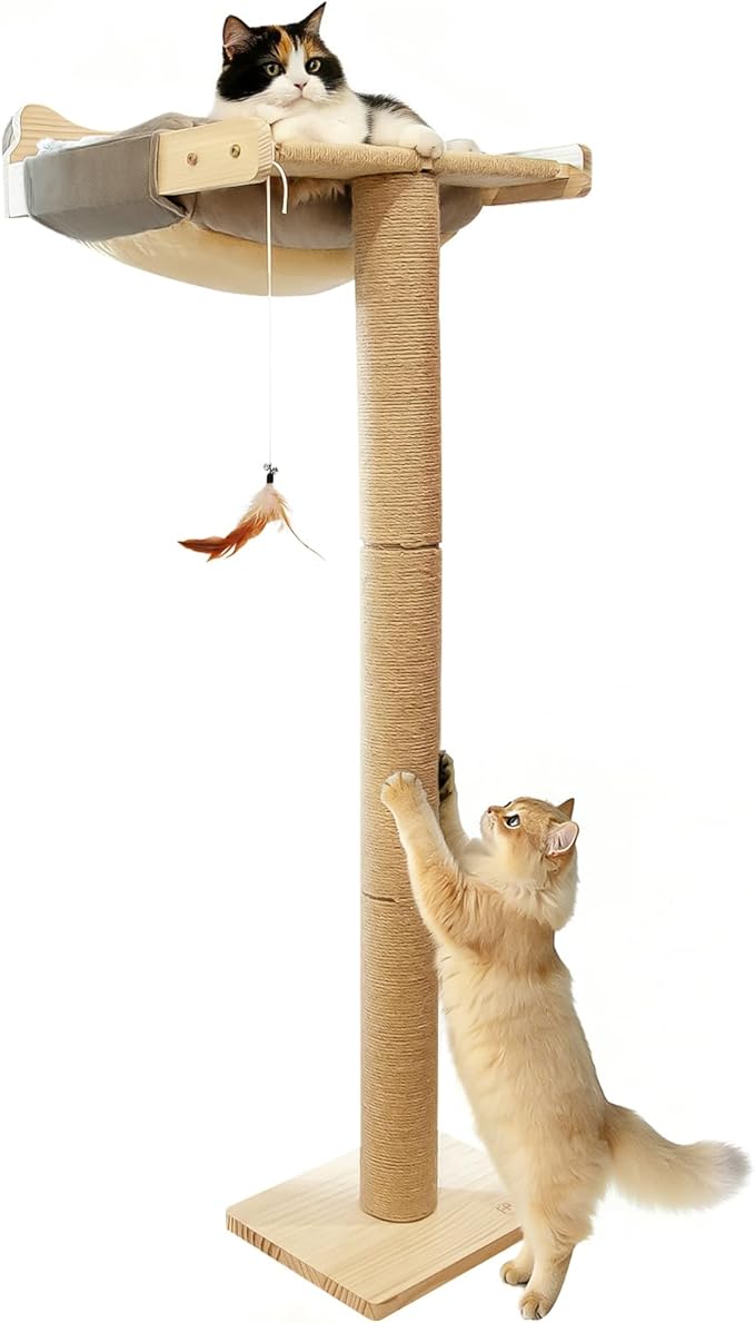 Cat Window Perch with Scratching Post, 46" Adjustable Tall Scratching Posts & Suction Cup – Gray Rabbit Fur Pad, Multi-Level Perch for Climbing, Bird Watching, Play, Supports 45 lbs (Drilling-Free)