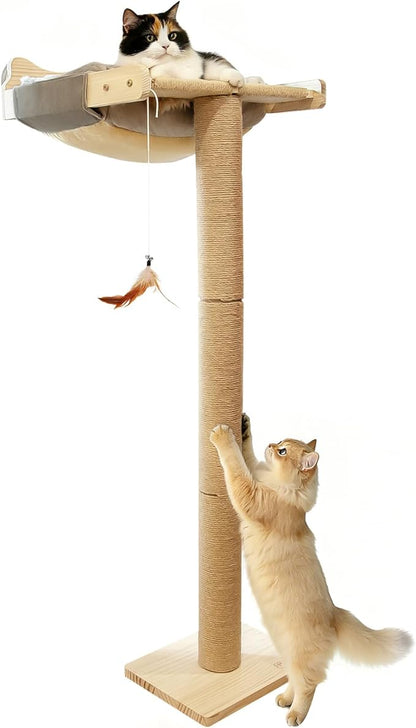 Cat Window Perch with Scratching Post, 46" Adjustable Tall Scratching Posts & Suction Cup – Gray Rabbit Fur Pad, Multi-Level Perch for Climbing, Bird Watching, Play, Supports 45 lbs (Drilling-Free)