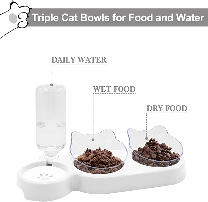 Triple Cat Bowls with Water Dispenser, Pet Whisker Friendly Water and Food Bowl Set with Non-Slip Mat, 15° Tilted Double Feeding Bowls, Elevated Wet and Dry Food Dish for Kitten&Small Dog (White)