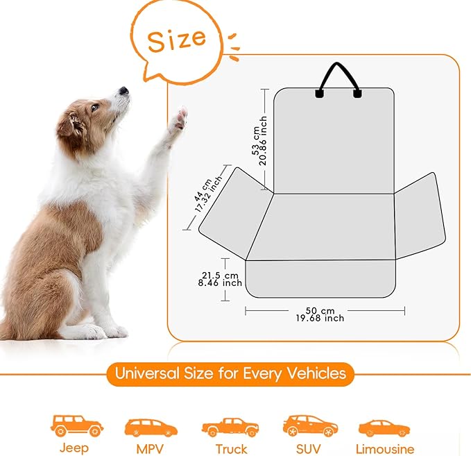 Dog Car Seat Cover for Front Seat, Waterproof & Scratch-Proof Pet Seat Protector, Nonslip Car Seat Cover for Dogs, Universal Fit for Cars, Trucks & SUVs, Standard Size