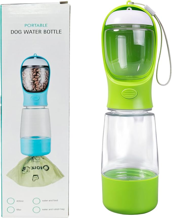 3-in-1 Dog Water Bottle Portable Leak Proof Pet Water Dispenser with Built-in Snack Storage & Waste Bag Holder 14oz for Outdoor Walking, Hiking Travel Green