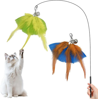 Walfront Interactive Cat Toy, Feather Wand with Replaceable Yellow & Orange Feathers, Handheld Cat Wand for Indoor Cats & Kittens, High-Engagement Play that Keeps Cats Excited, Active & Stress-Free