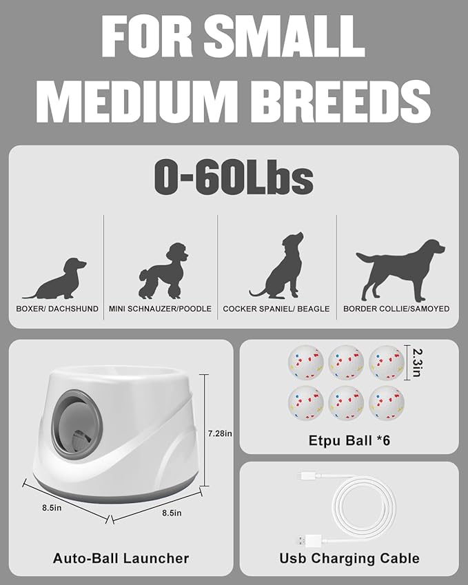 Automatic Ball Thrower for Dogs, Ball Launcher with 6 Pack 2.3" Dog Balls (Grey)