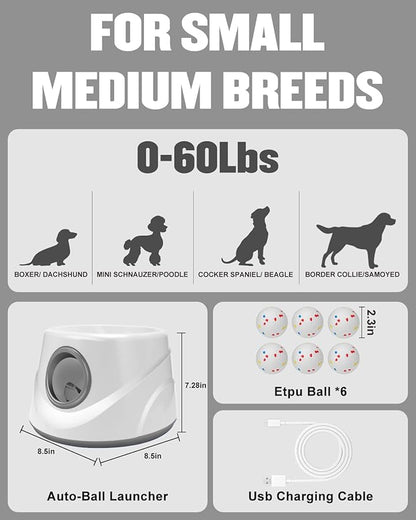 Automatic Ball Thrower for Dogs, Ball Launcher with 6 Pack 2.3" Dog Balls (Grey)