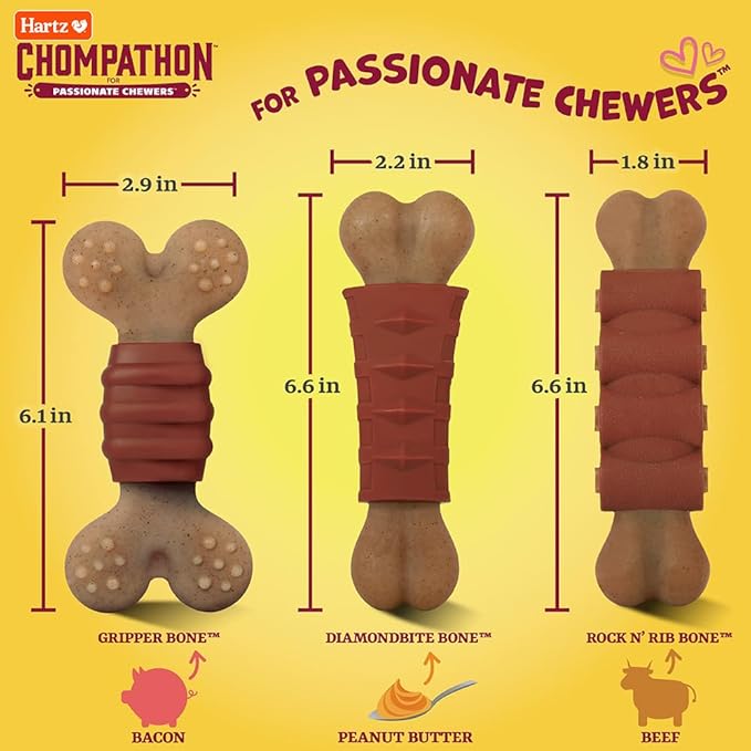 Hartz Chompathon Rock 'N Rib Bone Dog Chew Toy for Aggressive Chewers, Double Layered Flavored with Chicken & Beef