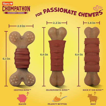 Hartz Chompathon Diamondbite Bone Dog Chew Toy for Aggressive Chewers, Double Layered Flavored with Chicken & Peanut Butter