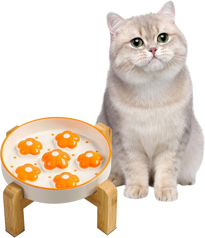 Elevated Slow Feeder Cat Bowl - Maze Puzzle Cat Food Dish with Bamboo Stand, Anti-Slip - Raised Base for Comfortable Eating - 6 OZ - Bright Orange Flower