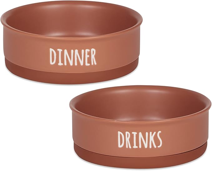 Bone Dry Ceramic Pet Bowls for Dogs & Cats Dishwasher & Microwave Safe, Non-Slip Bottom for Secure Feeding with Less Mess, Medium Set, 6x2, Terra Cotta, 2 Count
