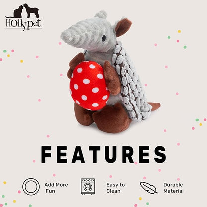 Hollypet Plush Dog Squeaky Toy Stuffed Armadillo Animal Pet Puppy Chew Toys with Clean Teeth for Small Medium Large All Breed Sizes Dogs, Gray, 8 in, Red Easter Eggs with WhiteDots