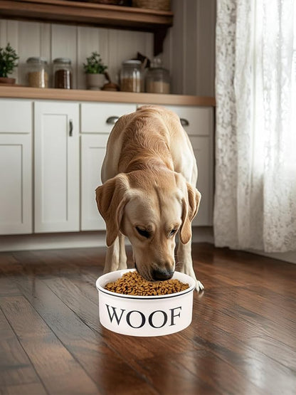 Ceramic Dog Bowl with Bone Pattern - 8" Extra Large Food Water Bowl for Medium and Large Dogs, Weighted, Microwave & Dishwasher Safe, 55 oz (Beige)