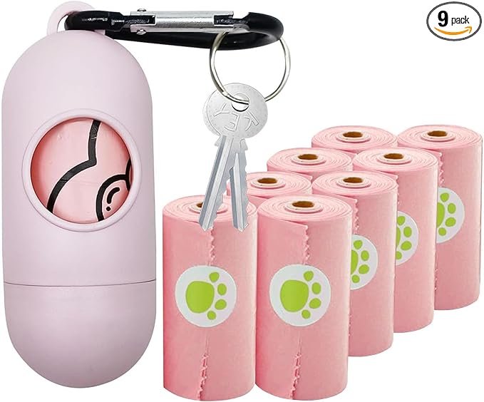 2 Pack Dog Poop Bag Holder with 2 Rolls of Blue Leak-Proof Dog Waste Bags Poop Bag Dispenser with Leash Clip Key Ring (Pink, 1 Holder 135 Bags)