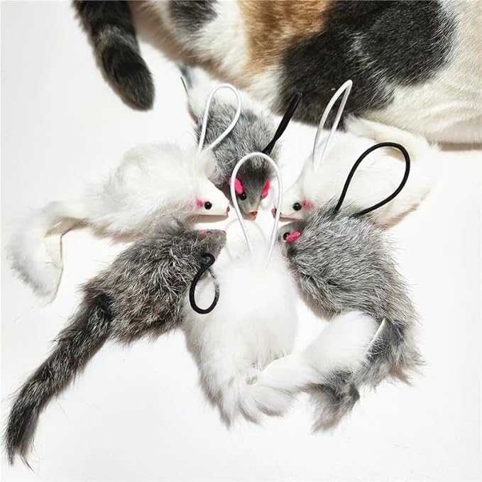 Real Rabbit Fur Interactive Cat Toy Mouse, 5.5" Extra Large Durable Squeaky Toys with Long Tail, Crinkle Sound & Hanging Rope, Self-Play Toys for Indoor Cats (5 Pack Grey/White Color)