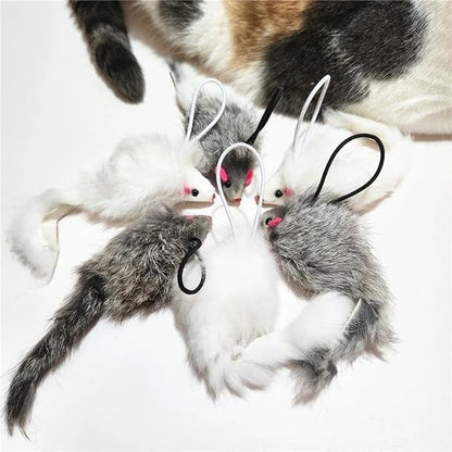Real Rabbit Fur Interactive Cat Toy Mouse, 5.5" Extra Large Durable Squeaky Toys with Long Tail, Crinkle Sound & Hanging Rope, Self-Play Toys for Indoor Cats (5 Pack Grey/White Color)