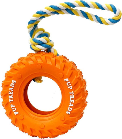 Deeow Dog Tire Toy, Treat Dispensing Chew Toy for Teething Clean and Dental Care, Natural Rubber Dog Toy for Fetching Game, Tug-of-war Interactive Slow Feeder Enrichment Pet Toy-Orange
