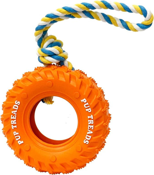 Deeow Dog Tire Toy, Treat Dispensing Chew Toy for Teething Clean and Dental Care, Natural Rubber Dog Toy for Fetching Game, Tug-of-war Interactive Slow Feeder Enrichment Pet Toy-Orange