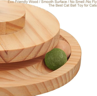 Marchul Cat Puzzle Feeder, Interactive Cat Toy with Treat Dispenser & Roller Track Ball, Wooden Slow Feeder Ball for Indoor Cats, 3-in-1 Food Puzzle Toy for Mental Stimulation