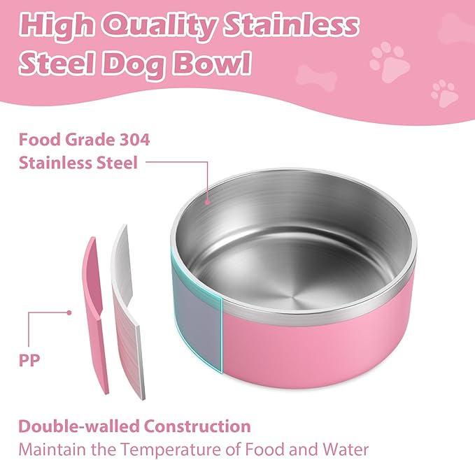 LIANLAI Stainless Steel Dog Bowls, Rust-Resistant Pet Bowls, Non Slip Dog Water Bowl, Versatile Feeding Bowls(Pink，40 oz)