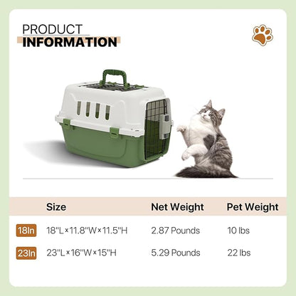 Athena Collection 18" Hard-Sided Travel Pet Carrier for Small Dogs and Cats, Plastic Dog Carriers with 2-Door Top & Front Load, Ventilation, Security Lock, Cat Dog Carrier for Pet, up to 10lbs, Green
