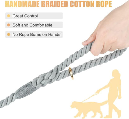Dog Leash 5 FT Handmade Braided Cotton Rope Leashes for Small Medium and Large Dogs, New Golden Heavy Duty Metal Clasp, Grey