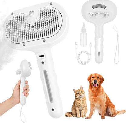 Dog Steam Brush Self Cleaning 3 in 1 Cat Steam Brush for Hair Shedding Massaging Grooming,Reducing Flying Fur & Static,Spray Comb with Storage String for Long Short Haired Furry Pets - White