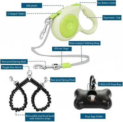 Dual Retractable Dog Leash for 2 Large Dogs (Up to 110 Lbs Each), One-Button Break and Lock, Non-Slip Grip, Double-Headed, 16 FT Extendable Pet Leash with Poop Bags, 360° Tangle-Free (Green, Large)