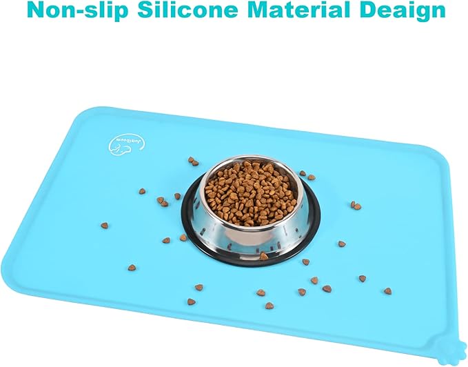 Silicone Waterproof Dog Cat Pet Feeding Mats, Non Slip, Easy Clean Pet Dog Cat Bowl Mats Placemat (18.5" x 11.5") Blue