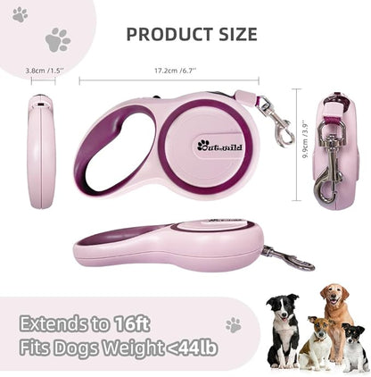 OUTnWILD Retractable Dog Leash - Retractable Dog Leash 16ft for Small/Medium Breeds/Pets Up to 44lbs. 360° Tangle Free Design with One Touch Quick-Lock Braking System&Anti-Slip Handle. (Pink, M)