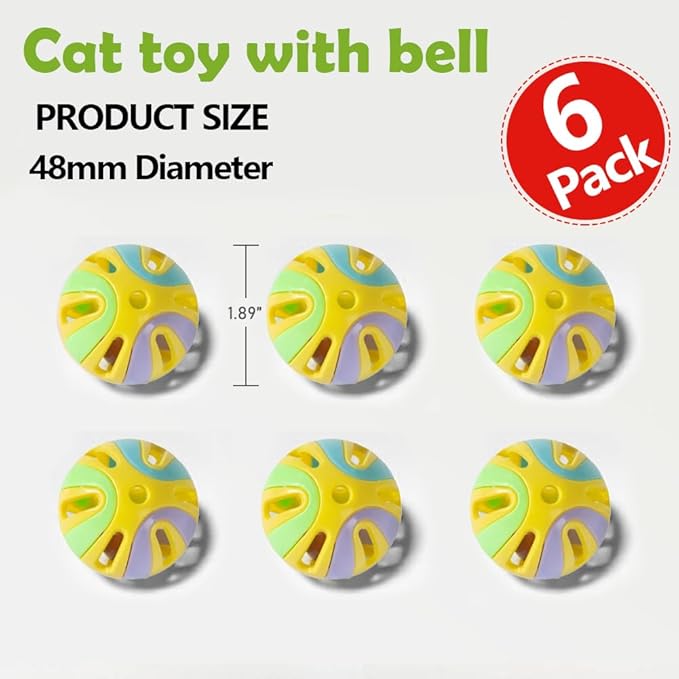 Colorful Cat Toy Balls with Bell, Interactive Hollow Design, Plastic, Training Exercise Toy (Yellow 6 Pack)