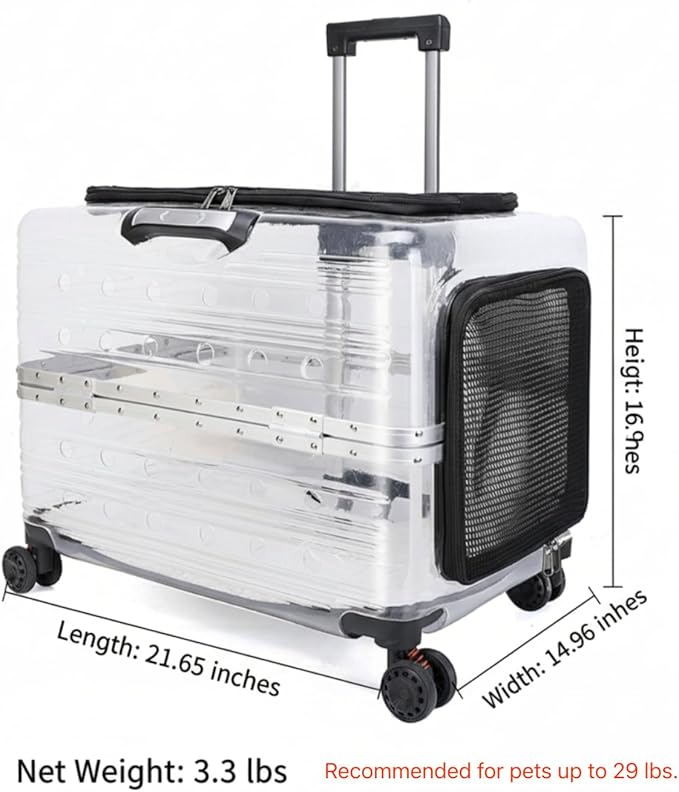 Large Capacity Transparent Pet Carrier with Wheels, Airline Approved Rolling Pet Travel Crate for Dogs & Cats, Portable Hard Shell Pet Luggage (Black)