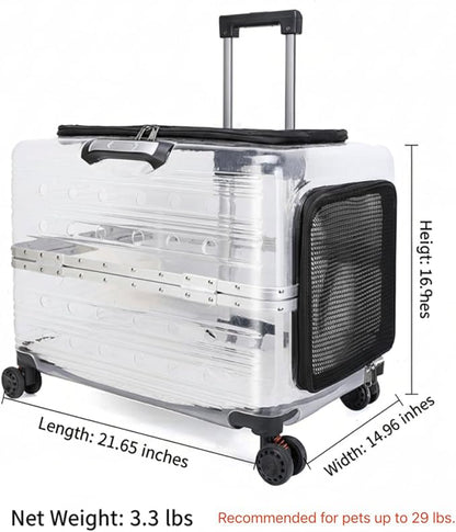 Large Capacity Transparent Pet Carrier with Wheels, Airline Approved Rolling Pet Travel Crate for Dogs & Cats, Portable Hard Shell Pet Luggage (Black)