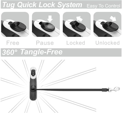 TUG Tiny 360° Tangle-Free Retractable Dog Leash with Anti-Slip Handle | 10 ft Nylon Tape| One-Handed Brake, Pause, Lock (White)