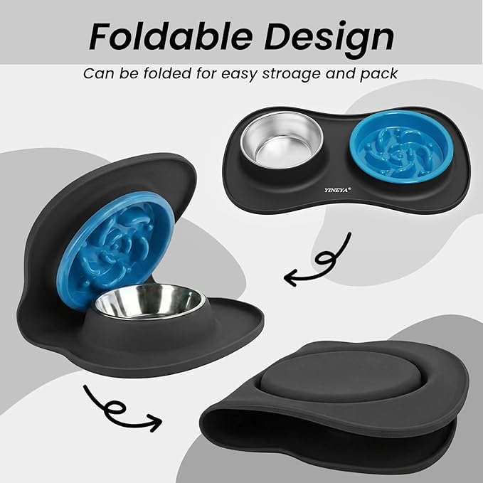 Slow Feeder Dog Bowls Stainless Steel Food and Water Bowl Set 3 in 1 No Spill Waterproof Silicone Pet Food Mat Puppy Feeding Station for Large Medium Small Breed Non Slip Metal Dish Tray by YINEYA