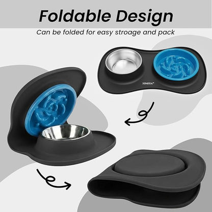 Slow Feeder Dog Bowls Stainless Steel Food and Water Bowl Set 3 in 1 No Spill Waterproof Silicone Pet Food Mat Puppy Feeding Station for Large Medium Small Breed Non Slip Metal Dish Tray by YINEYA
