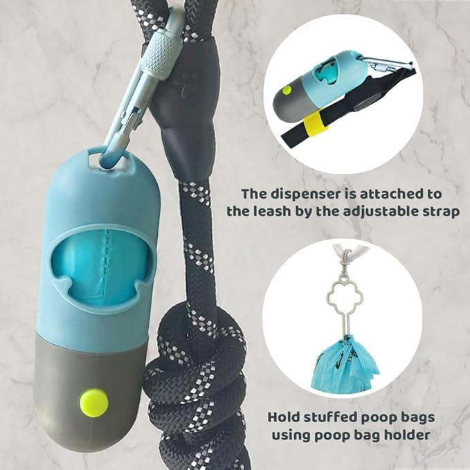 Dog Poop Bag Dispenser with Built-in LED Flashlight and Metal Clip for Leash, Pet Waste Bag Holder, Dog Walking Accessory (Blue)