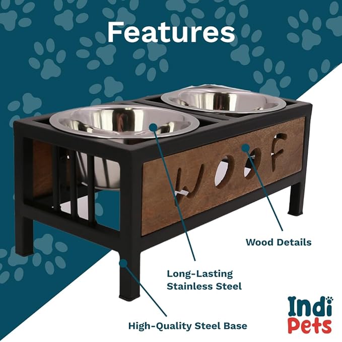 Indipets WOOF Design Wooden and Iron Stand with Stainless-Steel Bowls, Elevated Dog Feeder Bowls with Stand, Raised Bowls for pet (Medium)