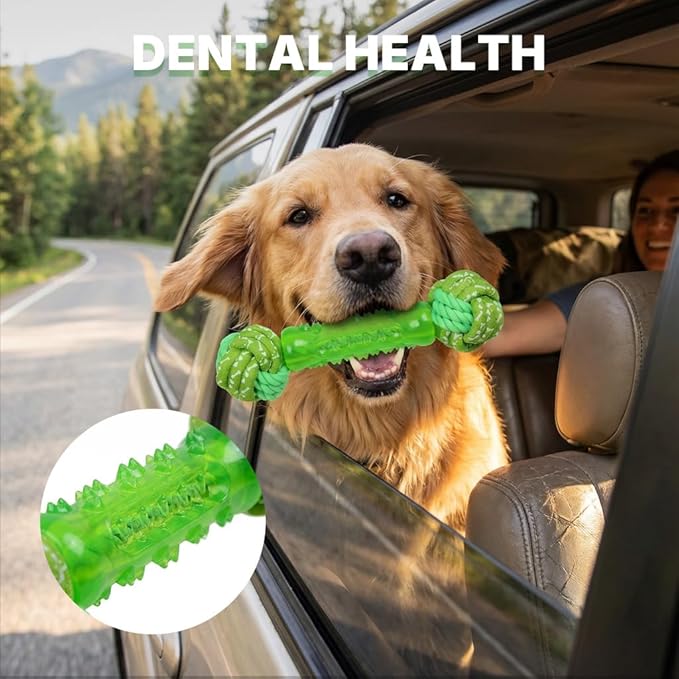 Bone Dog Chew Toy with Rope Ball - Tough Dog Toys with Textured Body for Teeth Cleaning, Dental Chew Toy for Small, Medium and Large Dogs, Green