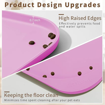 Silicone Pet Food Mat with Raised Edge for Food and Water Bowl, Dog Feeding Mats, Cat Food Trays for Floor Waterproof, Rubber Tray for Dogs and Cats, 19 x 12 x 0.7 Pink