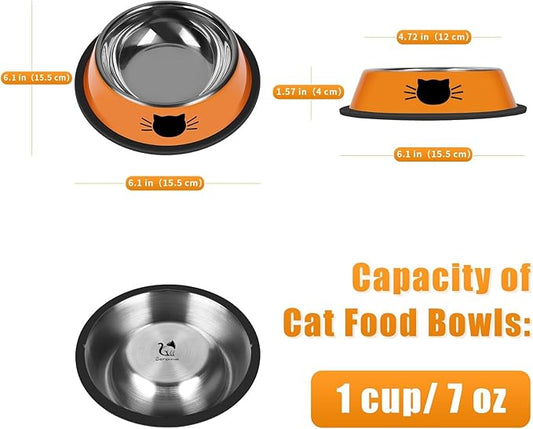 Serentive 2 Pcs Non-Slip Stainless Steel Small Cat Food Bowls - Unbreakable, Thicken 7 Oz Cat Dishes - Indoor, Removable Rubber Base, Easily Clean, Lovely Color