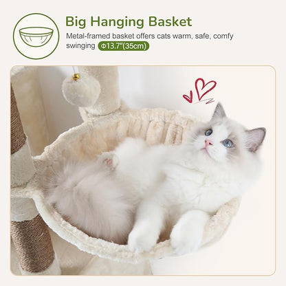 Globlazer Cat Tree Condo Tower for Multiple Indoor Cats, 52in Multi-Level Cat Scratching Tree with Cat Condos, 5 Sisal Scratching Posts, 2 Padded Perches, Big Haging Basket, Widened Base, S52, Beige