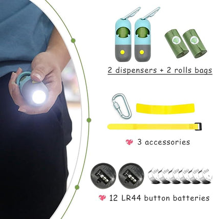 2 Pack Poop Bag Holder with Flashlight Waste Bag Dispenser for Leash with Clip and Battery Poop Bag Dispenser with Green Scented Poop Bags for Dog Walking(Blue,2 Dispenser 60 Bags)