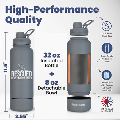 Rescue Dog Lover Water Bottle – 32 oz Stainless Steel Double Wall Insulated with 8 oz Detachable Bowl – Animal Rescue Gifts for Dog or Cat Lovers – “Rescued is My Favorite Breed” – Smoky Grey