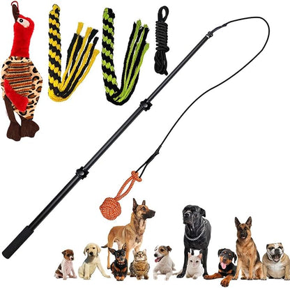 Upgraded Interactive Dog Toys - Extendable Flirt Pole Teaser Wand with Braided Rope Chewing Tugs and Squeaky Plush Chase Toy for Dog Puppy Outdoor Entertainment, Train and Exercise