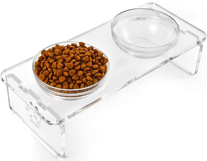 Elevated Dog & Cat Bowls – 3.75” Acrylic Raised Pet Feeder Stand with 2 Stainless Steel & 2 Glass Bowls – Food & Water Dish Set for Puppy/Small Dogs & Cats