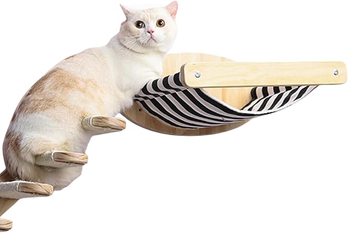 Cat Hammock Wall Mounted Large Cats Shelf - Solid Wood Cat Perches Climbing Shelf- Stripes Kitty Furniture for Sleeping, Playing, Climbing, and Lounging - Easily Holds up to 40 lbs (Stripes Hammock)