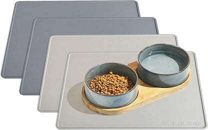Dog Water Mat 2-Pack 20×16in - Silicone Dog Mats for Food and Water, Non-Slip Pet Feeding Mat for Floors, Waterproof Cat Bowl Mats to Prevent Spills -Dark Gray & Silver Gray