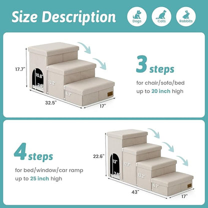 Dog Stairs with Storage, 3-Step Wider Sturdy Dog Steps for Small/Medium/Large Dogs and Older Cats, Doggie Ramp with Condo for Bed/Couch/Car Hold Up to 180 lbs (17.7" H, Beige)