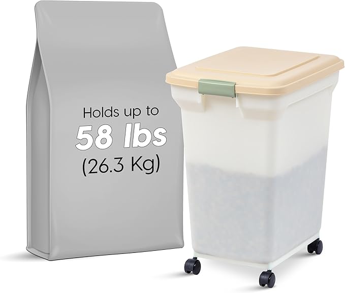 IRIS USA Dog Food Storage Container 58 lbs, Attachable Wheels, for Dog Cat Birds and other Pets, Food Storage Bin, Keep Fresh, Easy Mobility, BPA Free - Made in the USA, Almond/Pearl