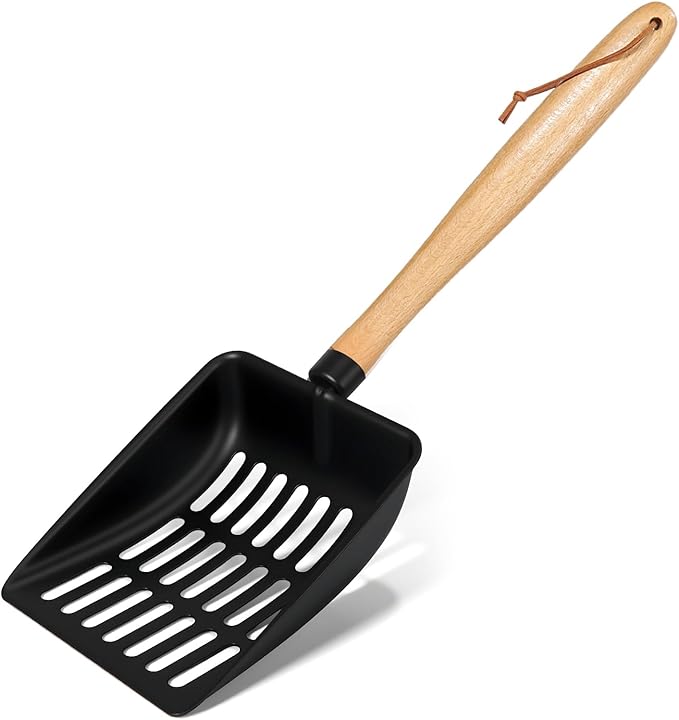 Cat Litter Scoop, Metal Litter Scoop, Heavy Duty Metal Cat Scooper for Litter Box, Black Sifter Scoop for Pellets, Wooden Handle Scoop with Hole, Kitty Necessity (Long)