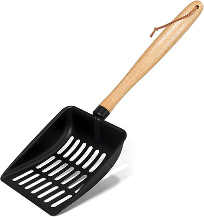 Cat Litter Scoop, Metal Litter Scoop, Heavy Duty Metal Cat Scooper for Litter Box, Black Sifter Scoop for Pellets, Wooden Handle Scoop with Hole, Kitty Necessity (Long)